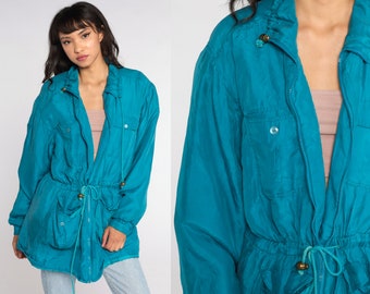 90s Silk Windbreaker Jacket -- Turquoise Blue Jacket Drawstring Waist Jacket Sportswear Warm Up Jacket Zip Up Jacket 1990s Oversized Large