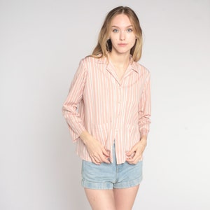 70s Striped Blouse Pink White Button Up Top Retro Disco Shirt Long Sleeve Collared Pocket Shirt Preppy Basic Summer Vintage 1970s Large L image 3