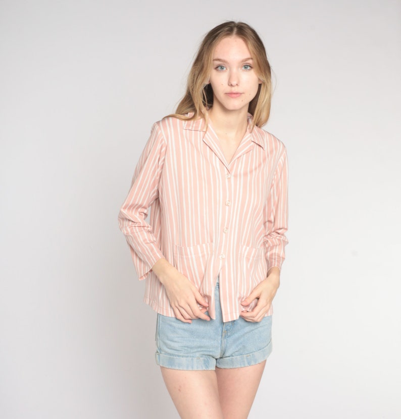 70s Striped Blouse Pink White Button Up Top Retro Disco Shirt Long Sleeve Collared Pocket Shirt Preppy Basic Summer Vintage 1970s Large L image 3