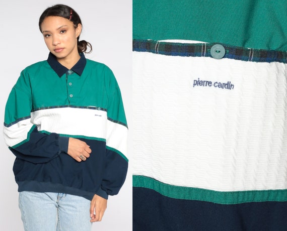 Pierre Cardin Shirt Long Sleeve Polo Shirt 90s Green Dark Blue Striped Shirt Color Block Slouchy 1990s Button Up Vintage Extra Large xl