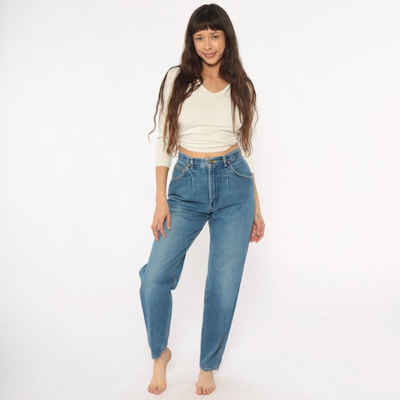 80s Lee High Waist Denim Jeans Blue Light Wash Mom Fit Tapered Leg Vintage Cotton Classic Casual Pants Americana Workwear Relaxed Small S