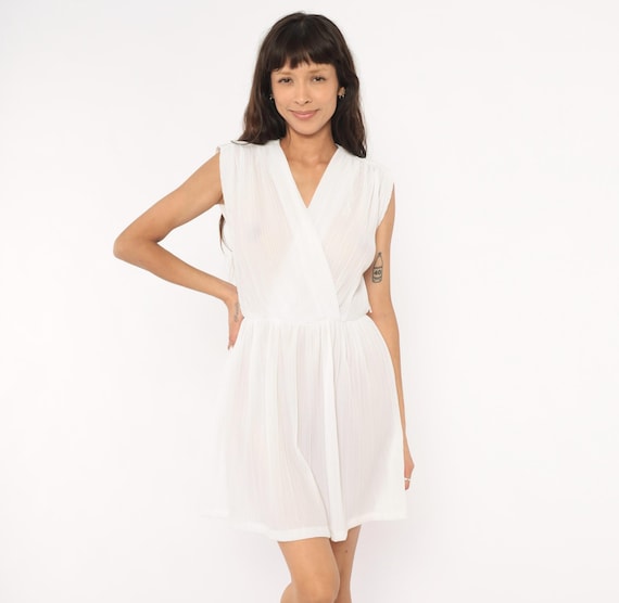 80s Pleated Wrap Dress White Chiffon Sleeveless V Neck Mini Gathered Waist Ivory Grecian Sheer Cream Cap Shoulder Vintage Small Medium S M