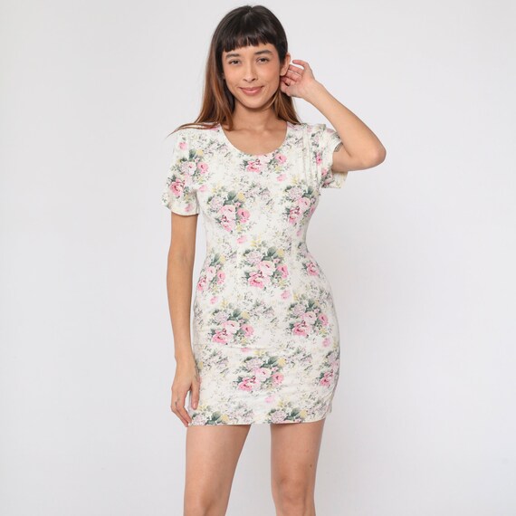 Cream Floral Dress 90s Mini Dress Short Sleeve Ro… - image 4