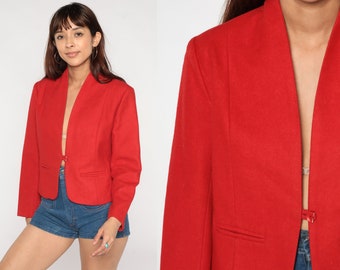 70s Wool Blazer Red Jacket Retro Button Up Professor Secretary Tailored Preppy Formal Professional Basic Plain Coat Vintage 1970s Small S 36