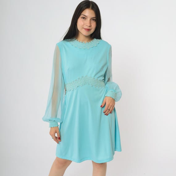 Turquoise Mini Dress 70s Lace Trim Sheer Sleeves Long Sleeve Vintage Mod Go Go A Line Empire Waist Romantic Feminine Sweet Dreamy Large L 12