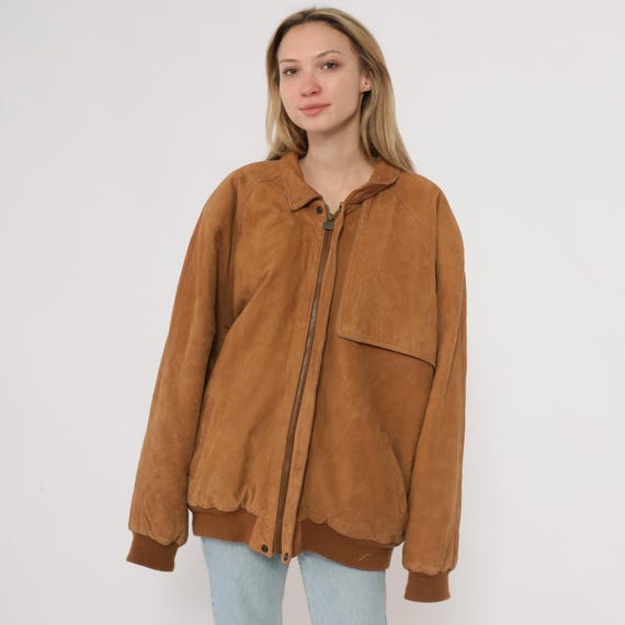Marlboro Suede Leather Bomber Jacket 90s Brown Zip Front Map Lined Vintage Moto Biker Streetwear Grunge Alternative Western Extra Large XL