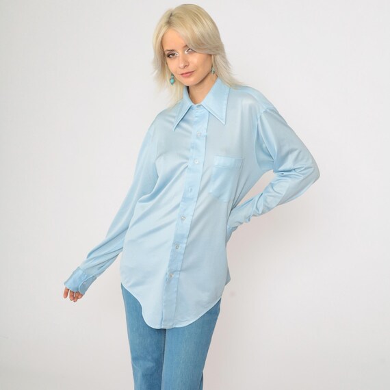 70s Button Up Shirt Baby Blue Disco Oxford 1970s Dagger Collar Pocket Shirt Vintage Long Sleeve Retro Plain Men's 15 1/2 33 Medium