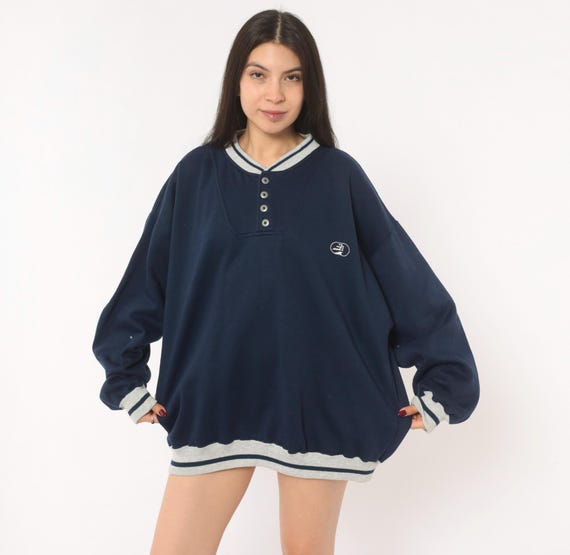 Navy Henley Sweatshirt 80s Puritan Pullover Grey Striped V Neck Collegiate Preppy Varsity Grandpa Vintage Plus Size Extra Extra Large XXL