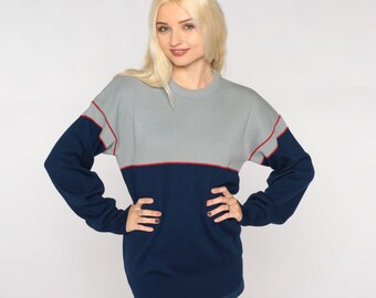 Suéter de bloques de color Suéter de punto de mezcla de lana de los años 80 Suéter azul marino gris Cuello redondo Esquí Rayas Básico Vintage 1980 Ossi Skiwear Hombres Mediano