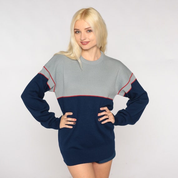Color Block Sweater 80s Wool Blend Knit Sweater Grey Navy Blue Pullover Crewneck Ski Striped Basic Vintage 1980s Ossi Skiwear Mens Medium