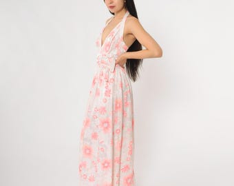 70s Courrèges Paris Wrap Dress Halter Neck Floral Print Vintage Couture French Designer Gown Double Belted Waist Pink White Extra Small XS 0