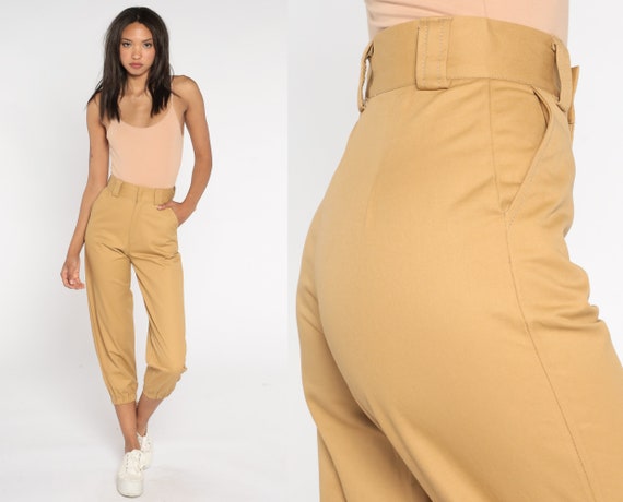 Tan Cropped Pants 90s Ankle Pants Safari Army Trousers High Waisted Trousers Straight Leg 1990s Vintage Summer Extra Small xs 25 x 25