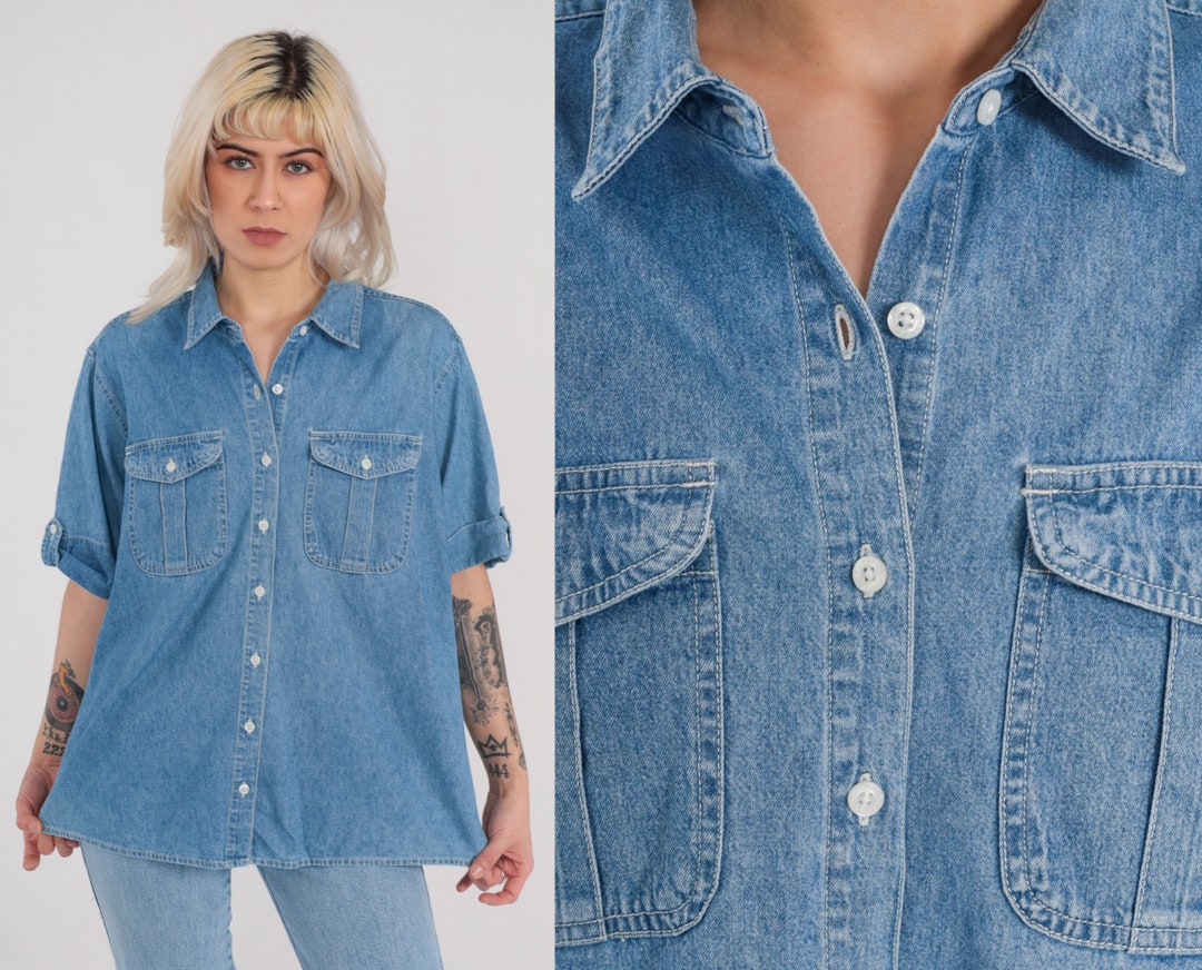90s Denim Shirt Blue Jean Button up Blouse Collared Retro Top Etsy