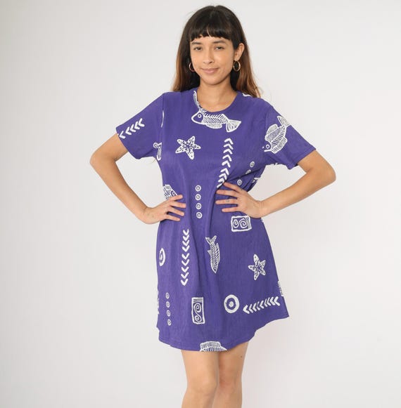 Vintage Fish Print Dress 90s Purple Beach Dress Tropical Geometric Starfish Mini Short Sleeve 1990s Bohemian Shift Boho Stamp Print Medium M