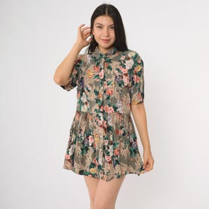 90s Floral Mini Dress Rayon Babydoll Short Sleeve Button Front Brown Green Multicolor Rose Print Vintage Summer Grunge Style Size 12 Large L