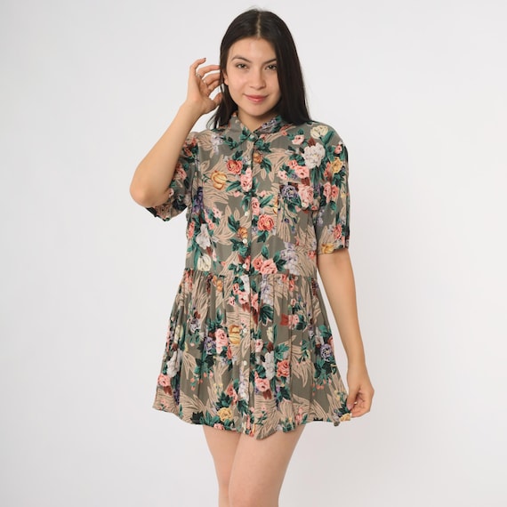 90s Floral Mini Dress Rayon Babydoll Short Sleeve Button Front Brown Green Multicolor Rose Print Vintage Summer Grunge Style Size 12 Large L