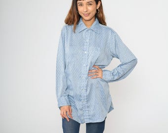 Camisa vintage azul claro con botones, años 70, de algodón tejido con rayas texturizadas, manga larga y bolsillo, para hombre, talla L