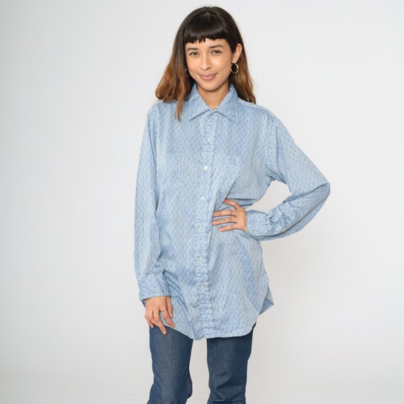 Vintage Light Blue Button Down Shirt 70s Textured Dash Stripe Woven Cotton Top 1970s Long Sleeve Pocket Men's Large L