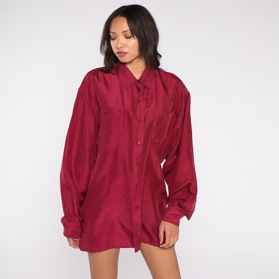 Burgundy Silk Button Up Shirt 90s Wine Red Deep Minimalist Luxury Blouse Relaxed Fit Classic Collar Chest Pocket Tunic Style Large L 12