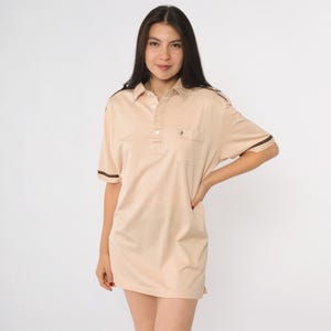 Vintage Beige Polo Shirt 80s Unicorn Emblem Quarter Button Up Epaulet Retro Pocket Tshirt Collared 1980s Short Sleeve Men&#39;s Medium Tall