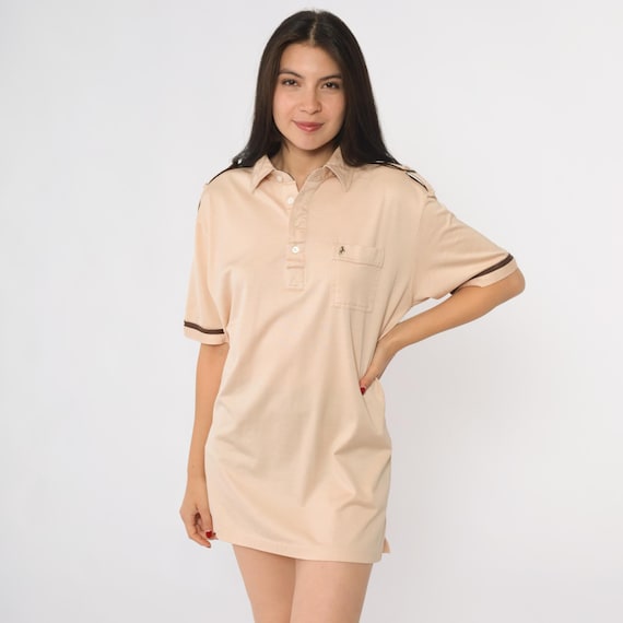 Vintage Beige Polo Shirt 80s Unicorn Emblem Quarter Button Up Epaulet Retro Pocket Tshirt Collared 1980s Short Sleeve Men's Medium Tall