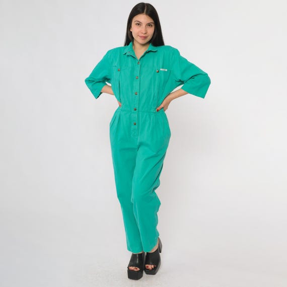 80s Turquoise Jumpsuit Teal Ideas Button Up Cotton Collar Long Sleeve Elastic Waist One Piece Romper Coveralls Boilersuit Workwear Medium M
