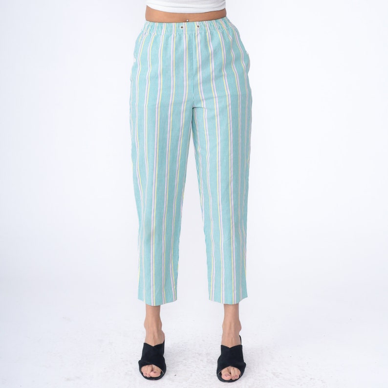 80s Striped Pants Pastel Green Pink Seersucker Elastic Waist Trousers High Waisted Slacks 1980s Tapered Leg Casual Pants Vintage Small 4 image 8