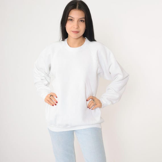 Vintage White Sweatshirt XL 90s Plain Crewneck Pullover Sweatshirt Raglan Sleeve Sweater Solid Slouchy 1990s Fruit of the loom Extra Large