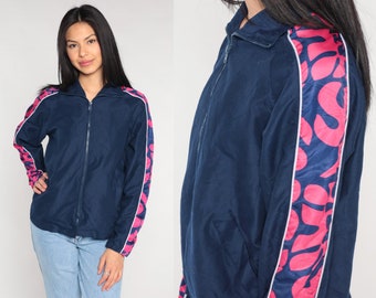 Navy Blue Windbreaker Y2k Zip Up Jacket Pink Abstract Print Track Jacket Retro Shell Warmup Streetwear Coat Vintage 00s Extra Small xs
