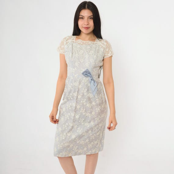 Vintage Blue Lace Dress 50s Satin Bow Sheer Scalloped Cap Sleeve Formal 1950s Midi Party Embroidered Floral Overlay Cocktail Extra Small xs