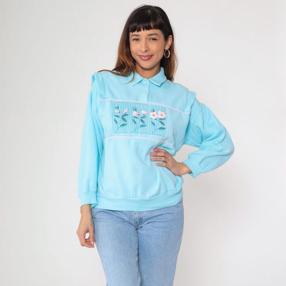 80s Blue Floral Sweatshirt Vintage Polo Sweatshirt Sweater Kawaii Graphic Pleated Shoulder 1980s Slouchy 1980s Extra Large xl
