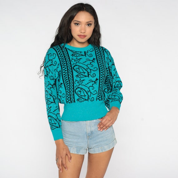 80s Statement Sweater Sparkly Teal Geometric Knit Sweater Abstract Swirl 1980s Metallic Knit Jumper Jacquard Pullover Crewneck Vintage Small