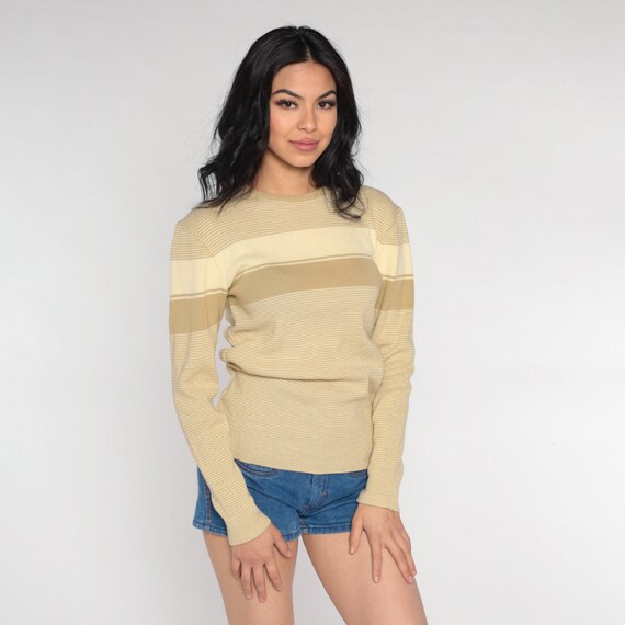 Tan Striped Sweater 80s Pullover Knit Sweater Ret… - image 5
