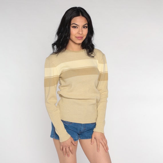 Tan Striped Sweater 80s Pullover Knit Sweater Retro Basic Crewneck Cream Casual Simple Fall Neutral Knitwear Vintage 1980s Acrylic Medium M