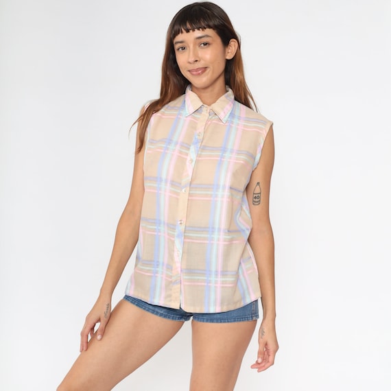 80s Plaid Blouse Tan Pastel Button Up Tank Top Pink Lavender Checkered Shirt 1980s Check Print Top Vintage Preppy Sleeveless Shirt Medium