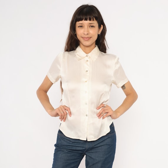 Silk Button Front Blouse Cream Short Sleeve Collared Top Ivory Pointed Collar Shirt 2000s Minimal Office Wear Off White Satin Cami Small S
