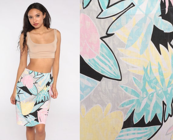 80s Tropical Skirt Pastel Palm Leaf Skirt 1980s Hippie Midi Jungle Wiggle Skirt Pencil Summer Boho Print Bohemian High Waist Vintage Medium