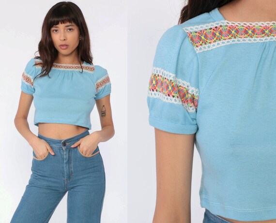 Baby Blue Crop Top 70s Hippie Blouse PUFF SLEEVE S