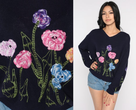 70s EMBROIDERED Floral Sweater 70s Boho Black Sweater Knit Bohemian V Neck Kawaii 1970s Pullover Vintage Jumper Retro 2xl xxl