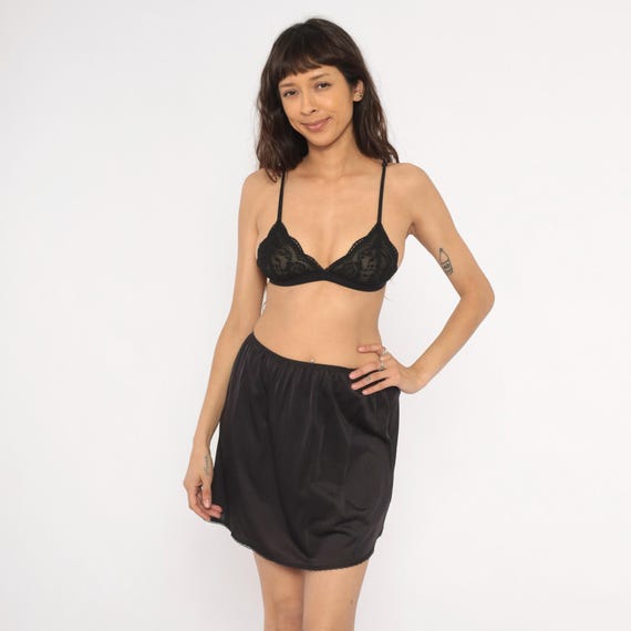 Black Half Slip 80s Vanity Fair Mini Skirt Lace Trim Side Slit Lingerie Nylon Vintage Semi Sheer Silky Gathered Waist Elastic Large L