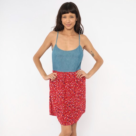 90s Denim Floral Sundress Red Ditsy Print Spaghetti Strap Cotton Mini Calico Flower Summer Spring Slip Prairie Cottagecore Vintage Medium M