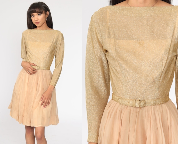 60s Party Dress Gold Jonathan Logan Dress Midi Chiffon Dress 1960s Full Skirt Fit and Flare Cocktail Metallic Vintage Extra Small xs