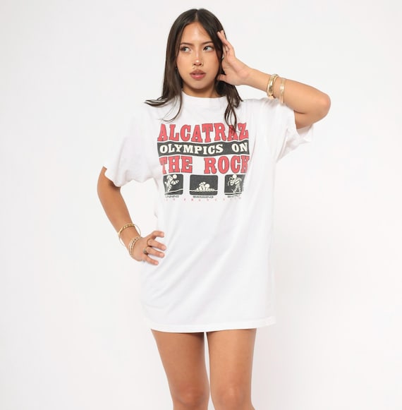 Alcatraz Prison Tee 90s Novelty Graphic Shirt San Francisco White Cotton Funny Tourist Top Humor Black Red Relaxed Fit Vintage Large L