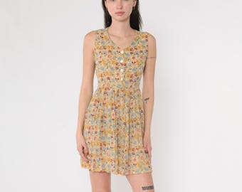 90s Floral Dress Patchwork Checkered Print Button Up Mini Sundress Tan Sleeveless Collared A-Line High Waisted Vintage 1990s Small