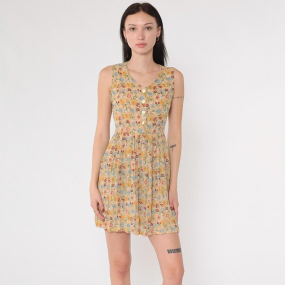 90s Floral Dress Patchwork Checkered Print Button Up Mini Sundress Tan Sleeveless Collared A-Line High Waisted Vintage 1990s Small
