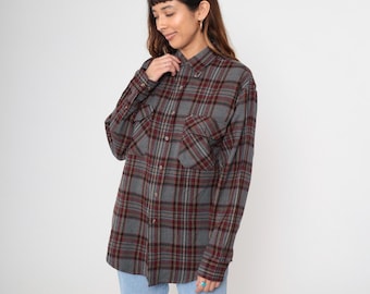 Camisa de franela grunge de los años 90, gris, roja, a cuadros, con botones, estilo rock alternativo, vintage, de manga larga, informal, estilo Seattle, talla pequeña S