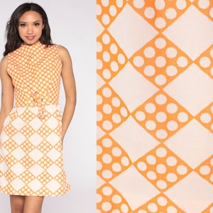 Orange Mod Dress 60s 70s Op Art Geometric Mini Dress Psychedelic Shift 1960s 1970s Sixties Twiggy Seventies Groovy Vintage Sleeveless Small