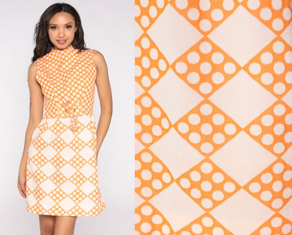 Orange Mod Dress 60s 70s Op Art Geometric Mini Dress Psychedelic Shift 1960s 1970s Sixties Twiggy Seventies Groovy Vintage Sleeveless Small