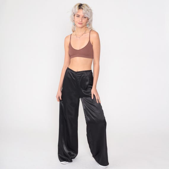 Vintage Black Satin Pants 80s Formal Wide Flared Leg Trousers Shiny High Rise Retro Chic Party 1980s Evening Formal Dress Pants Small S