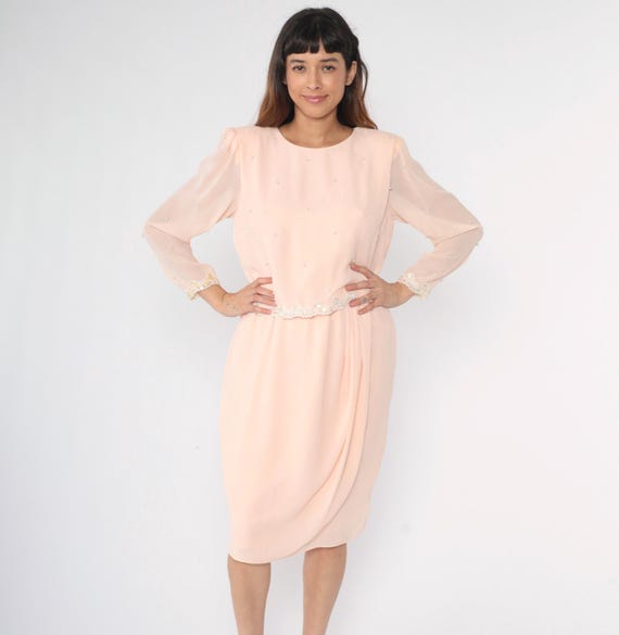 Vintage Pink Chiffon Dress 80s Puff Sleeve Pearl Beaded Sequin Formal Party Pastel Draped Midi Shift Retro 1980s Miss Elliette Medium M